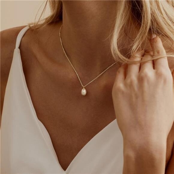 14K Gold Pearl Choker Necklace | Thin Box Chain Adjustable Pendant - Picture 5 of 6